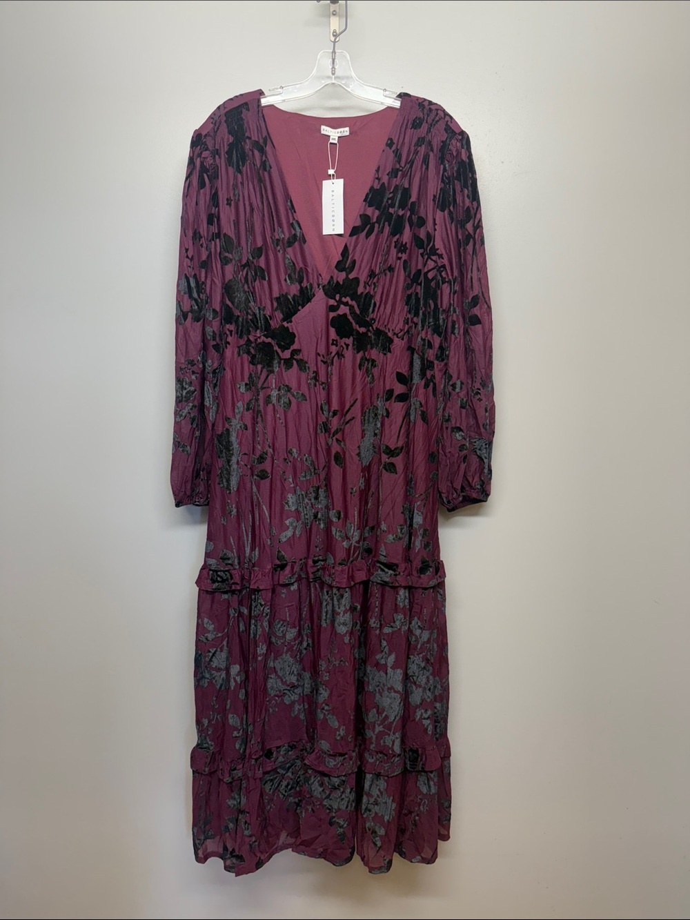 NWT BalticBorn Plum Floral Burnout Velvet Print Tiered Boho Maxi Dress